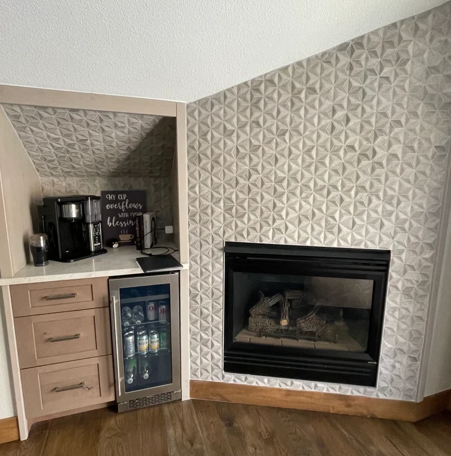 Corner Fireplace with adjacent built-ins by Aram Reeves